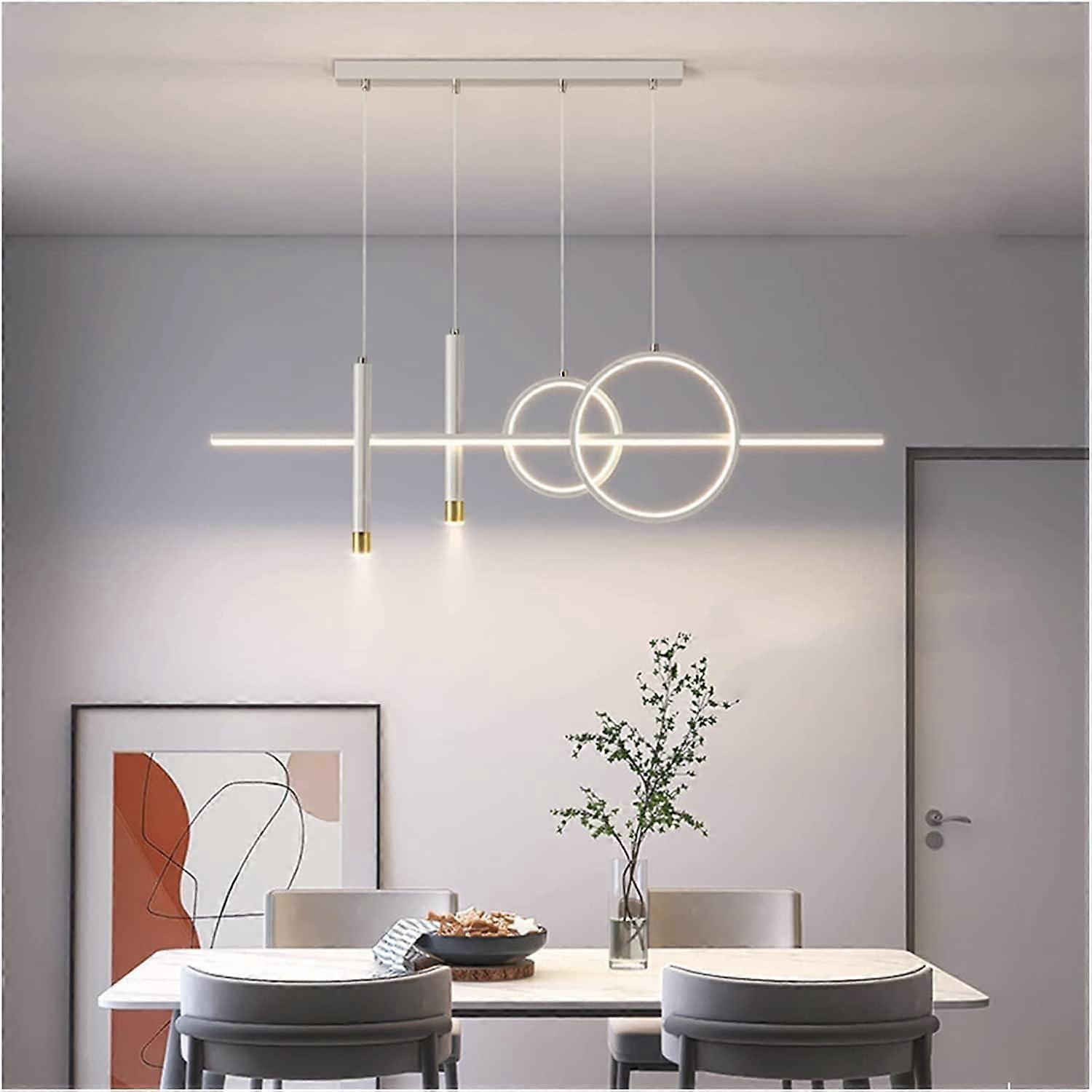 45W Dimmable Modern Linear LED Chandelier with Remote Control, White Gold Long Pendant Light for Dining Room, Pool Table, Bar