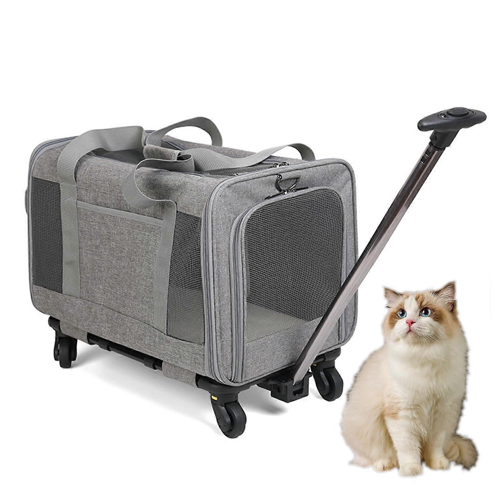Cat Dog Carrier with Wheels, Travel Carrier for Dogs with Telescopic Handle and Improved Wheels, Pet Carrier Bag, Grey Gray