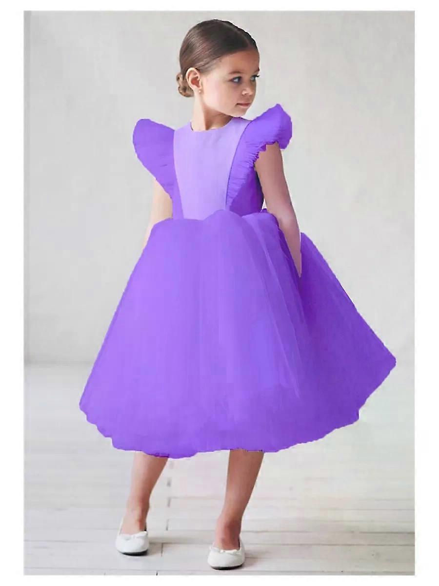 Girl's Solid Color Flying Sleeve Dress, Back Pearl Button Mesh Gown Dresses