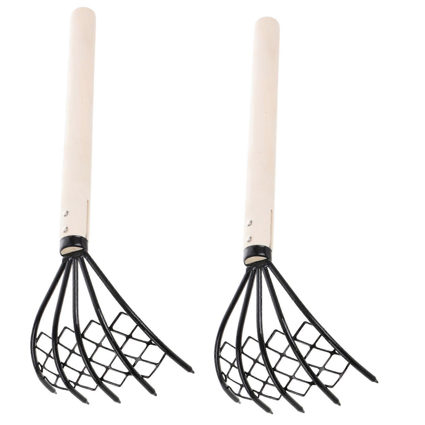 2 pieces of rake with wooden handle, multifunctional tool for digging clams at the beach and gardening.