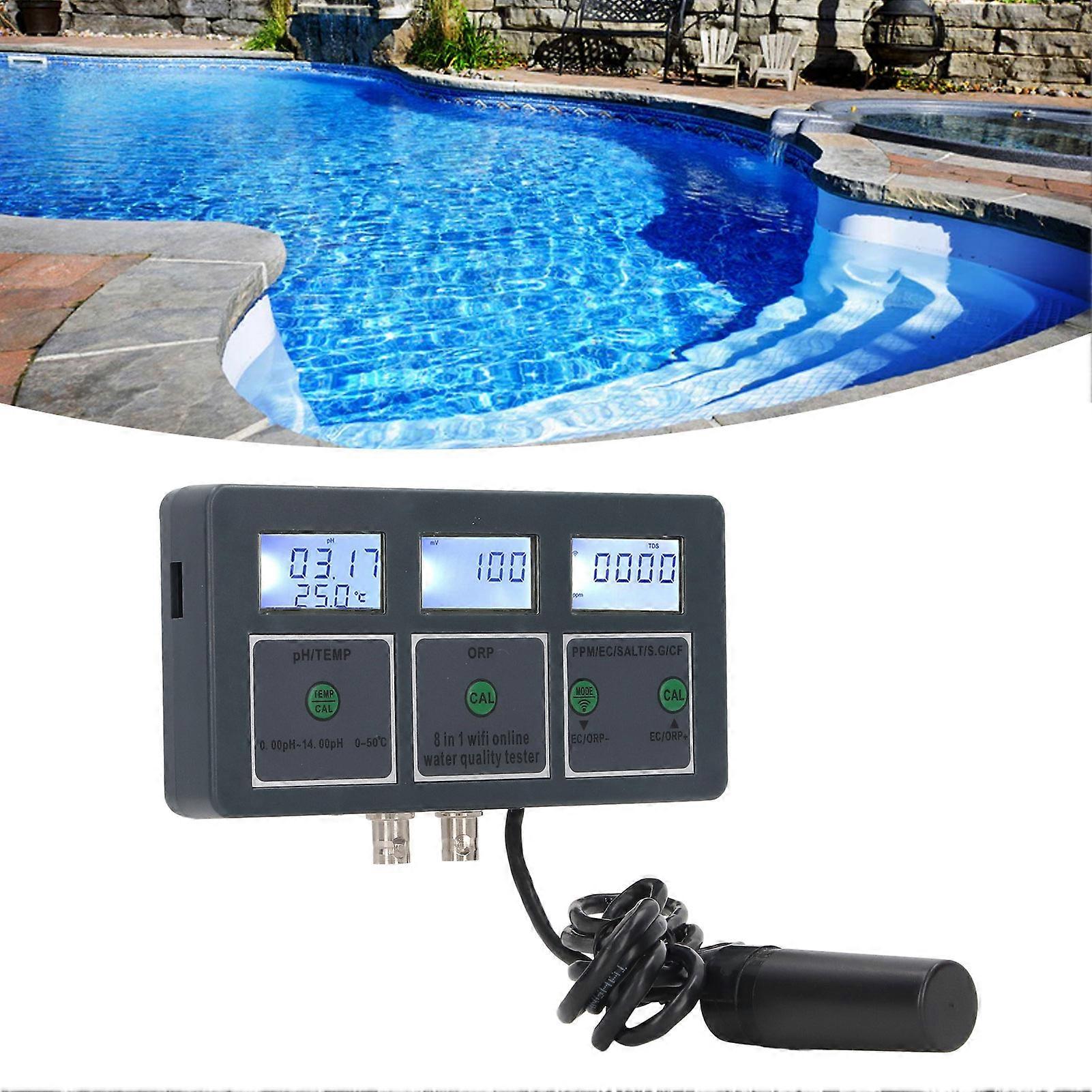 Multi Parameter Water Quality Tester S.G PH EC SALT ORP TDS CF TEMP 8 in 1 Rechargeable Online Monitoring for Aquarium EU Plug 230V 