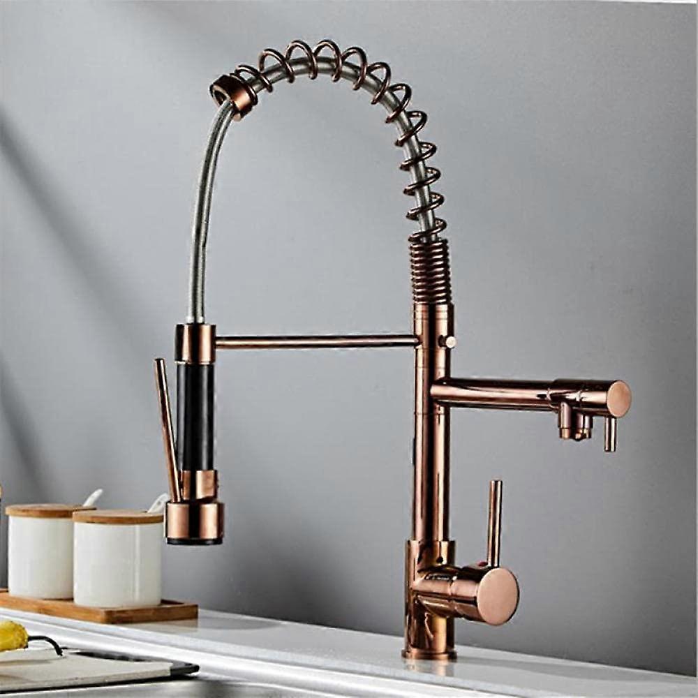 Rose Gold Pull Down Kitchen Sink Tap with Dual Function Stream Spray, Black Hot Cold Mixer Faucet, 360 Degree Rotation