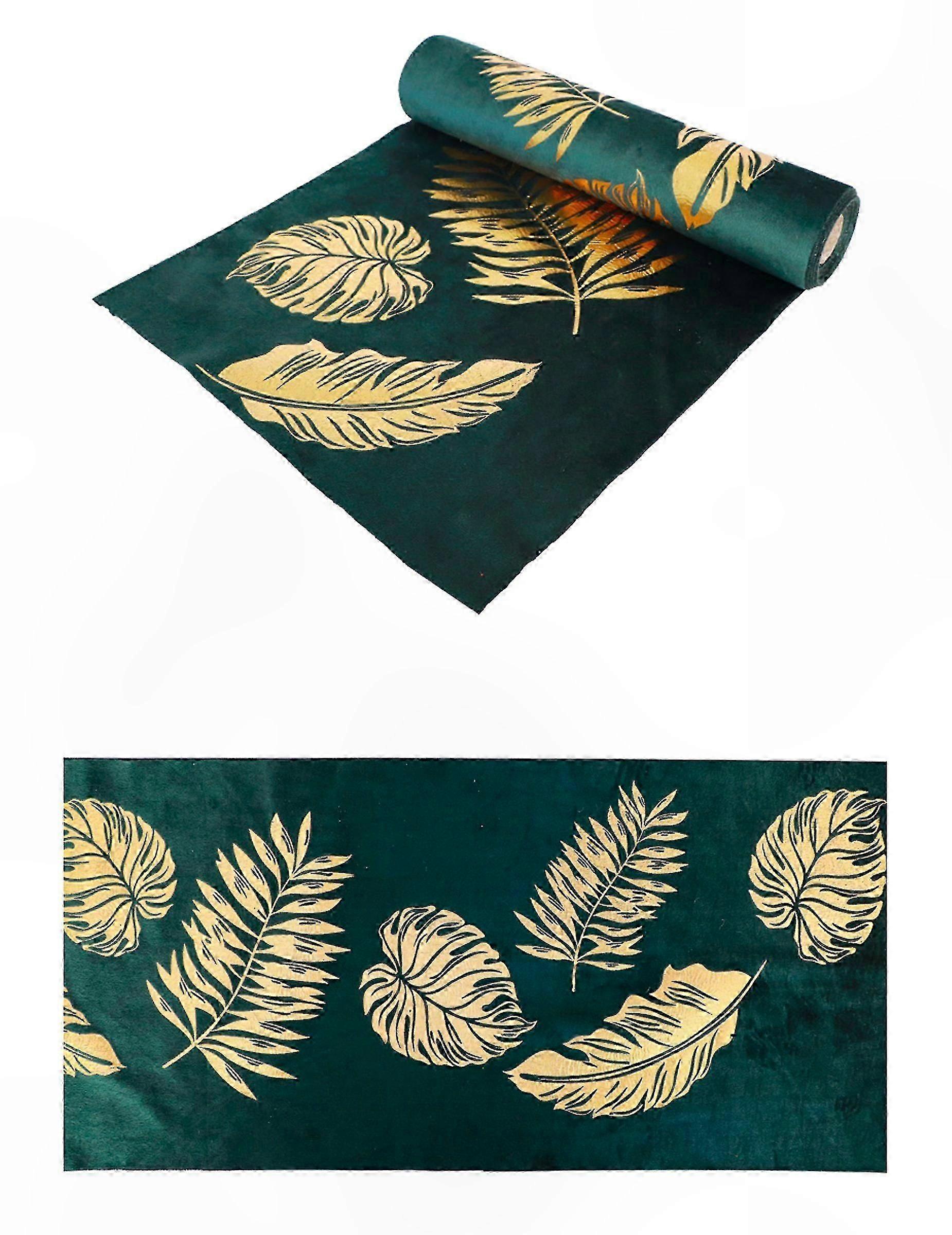 Chemin de table en velours vert avec feuilles dorées 28cm x 3m Accessoire décoratif