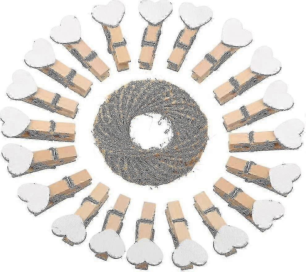Heart Pegs,100pcs Mini Wooden Clothespins, White Photo Paper Clips With 30 Meters Jute A-XinHan