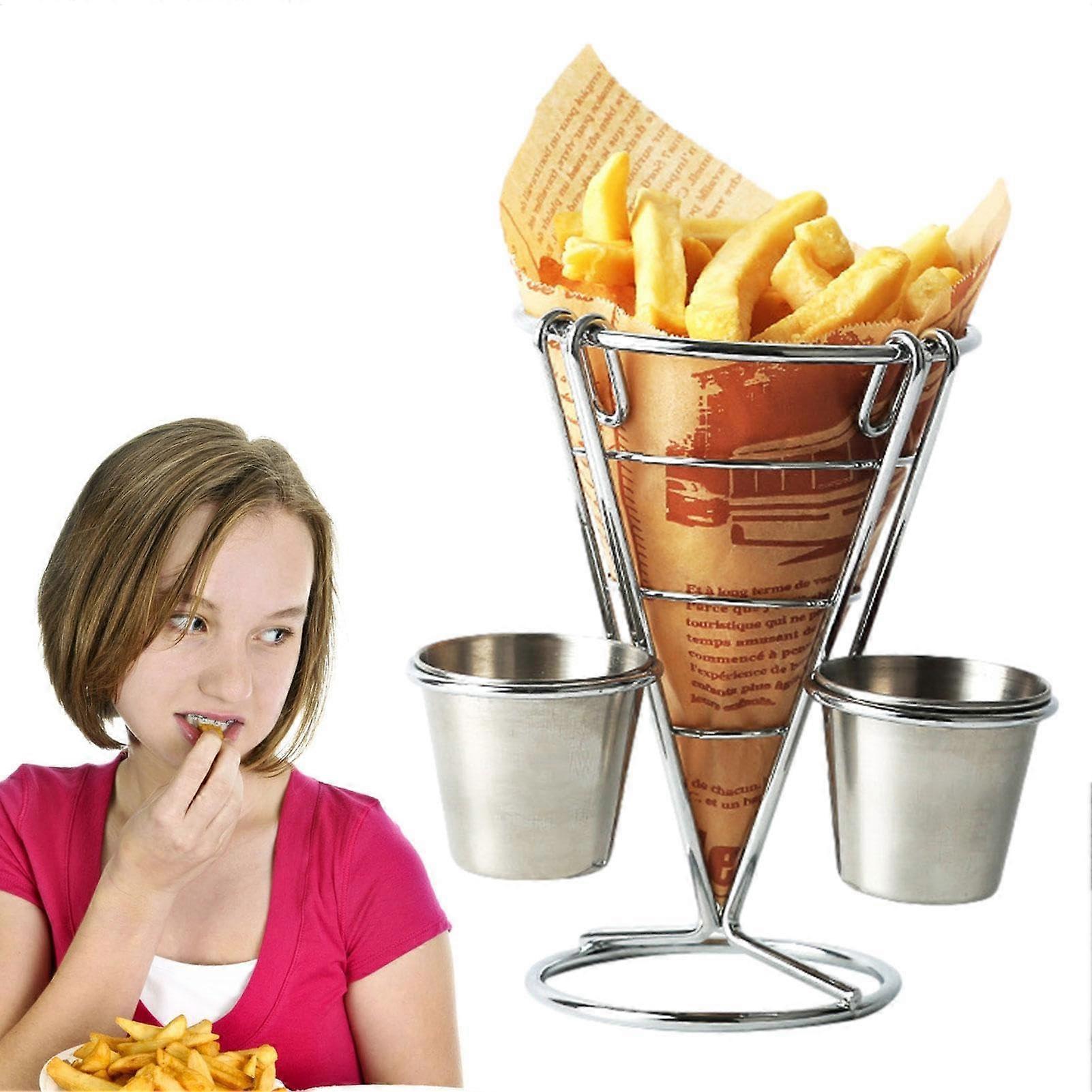 Pommes Frites 甜筒架 – 2 件炸薯条架、炸薯条薯条架、炸薯条架、不锈钢、带酱勺