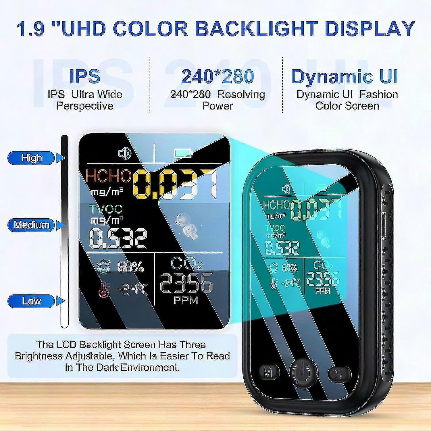 Mini 5-in-1 Air Quality Monitor, Portable Formaldehyde Detector (Black)