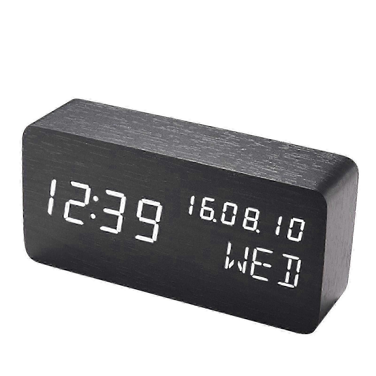 Wooden Desk Alarm Clock with Voice Control, Date, Temperature, and Adjustable LED Display for UK
