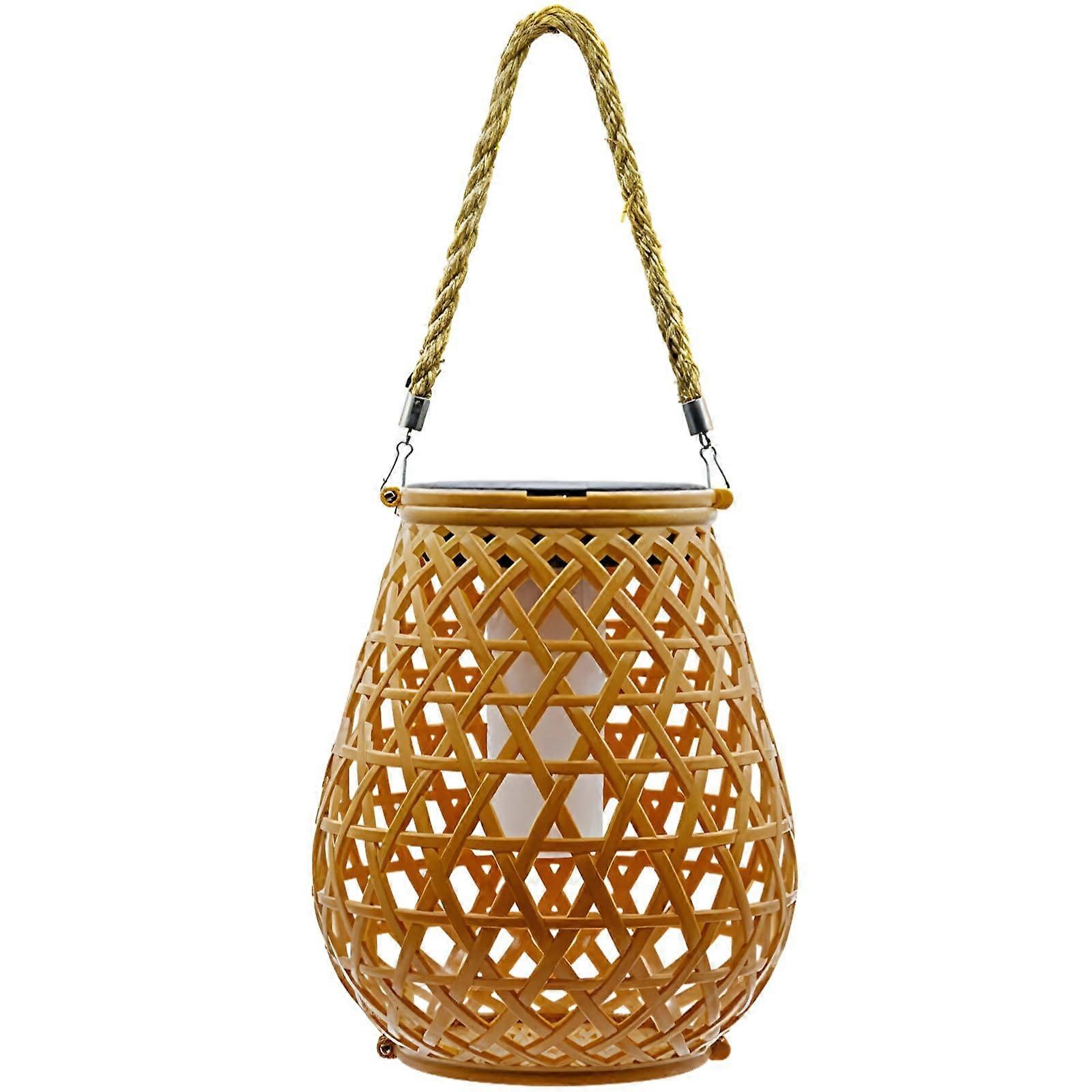 Solar Lantern With Handle Rattan Woven Table Light, Chinese Style Patio Lamp, 35x17 Cm, IP44 Rated, Gardens & Balconies