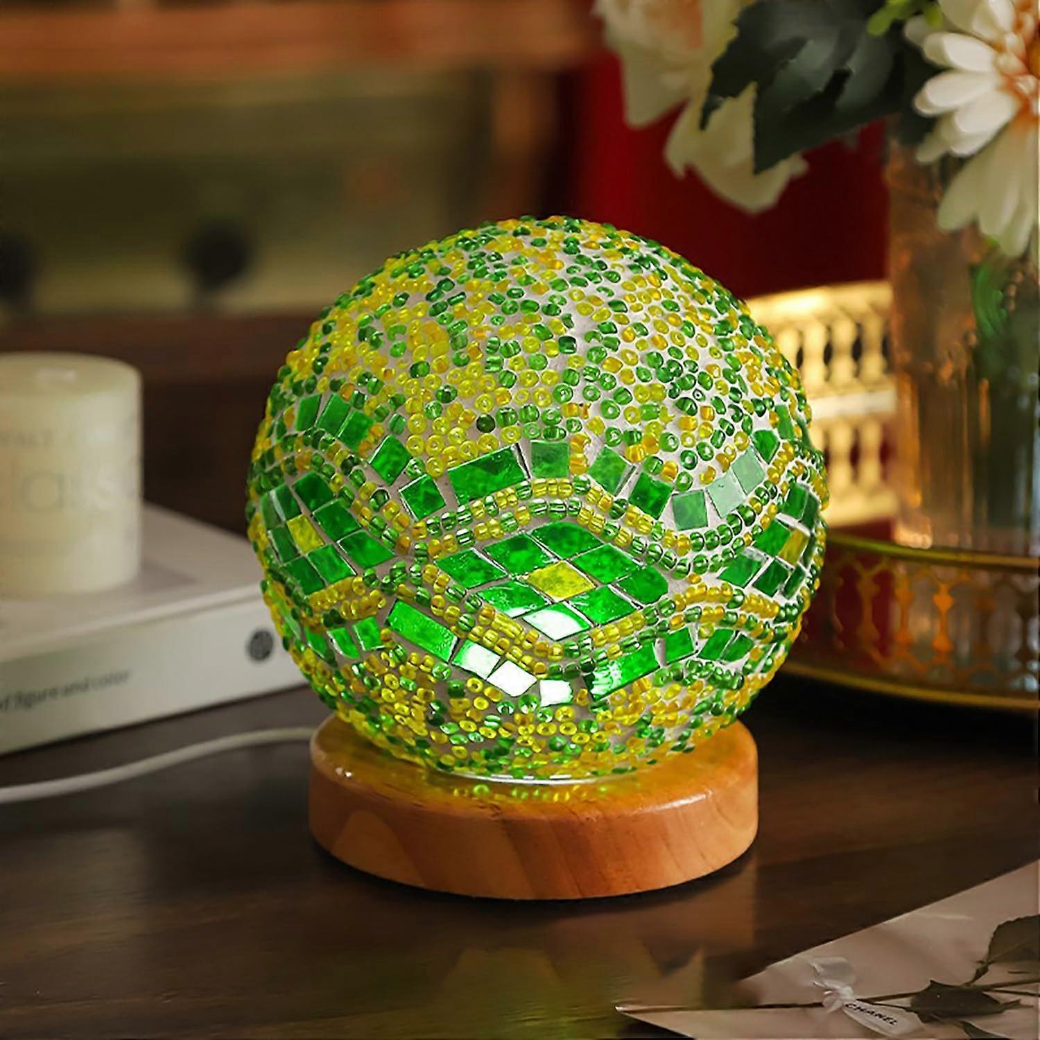 Baroque Green Mosaic Lamp Handmade Stained Glass Turkish Moroccan Style USB Charge Bedside Light Wood Base