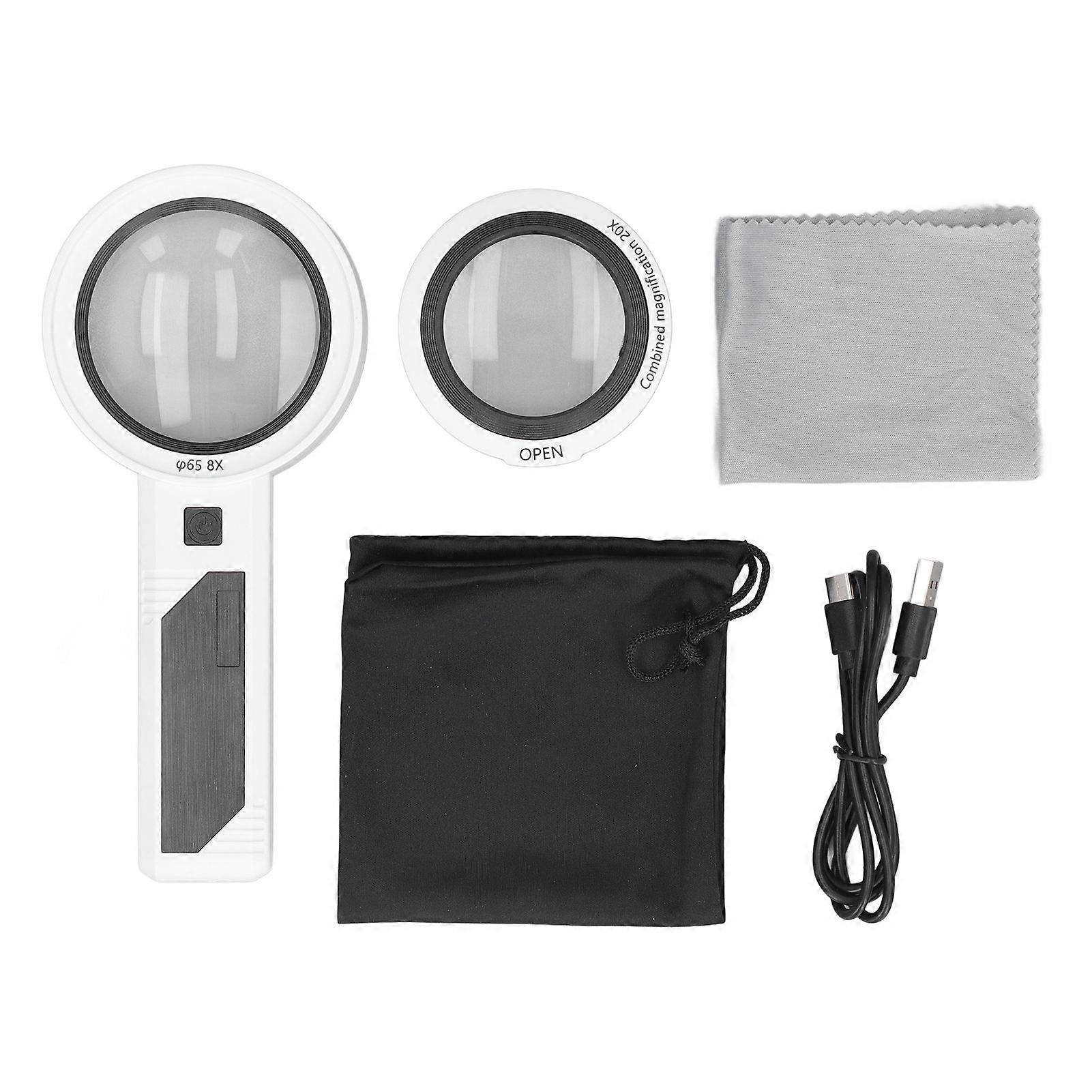 Handheld Magnifying Glass 8X 5X 20X 3 Lighting Modes 26 LEDs Portable Optical Lens Magnifier for Reading Inspection
