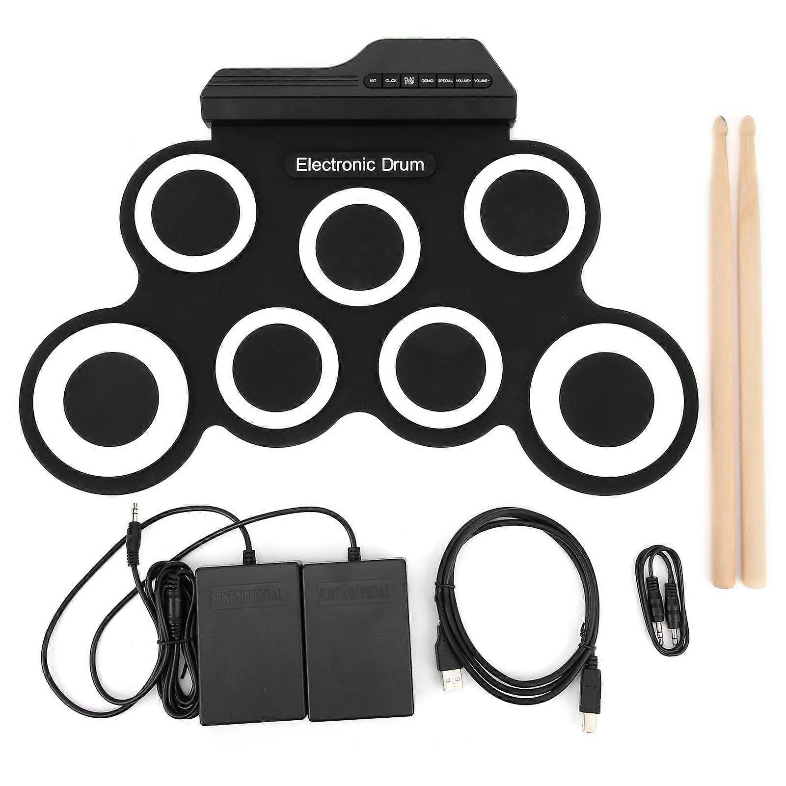 Electronic Drum Pad Set Builtin Speaker Foldable Roll Up Silicone Practice Percussion Mat Kit