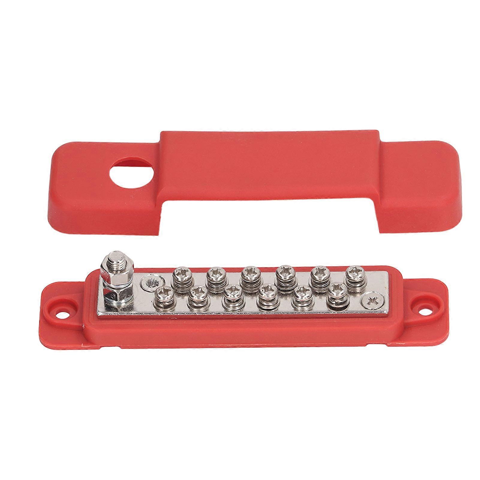 Power Distribution Terminal Block Busbar 12 Position Studs Distribution Block Bus Bar with Cover for Caravan Yacht 48VDC 150A Red 