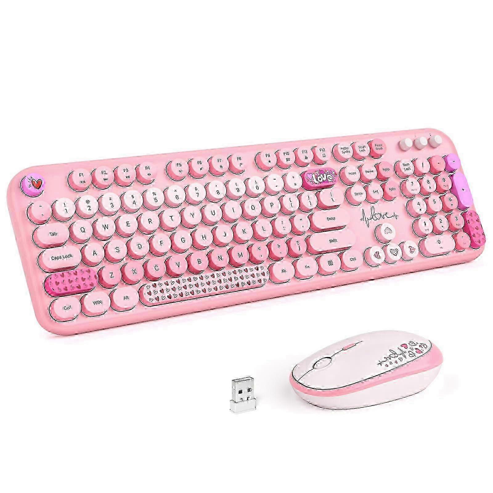 Enhanced Wireless Keyboard and Mouse Combo - Full Size 2.4G Plug-and-Play Typewriter, Retro Round Shape, Lovely Pink for Computers & Desktops