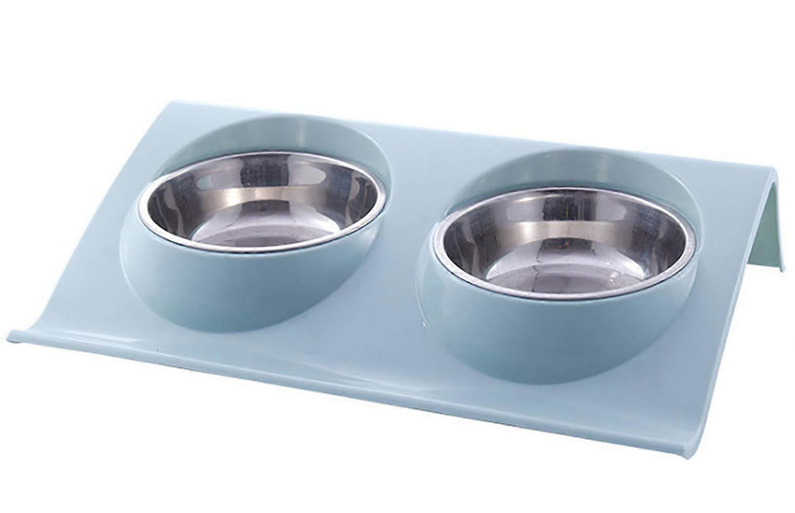 Double Pet Bowls Stainless Steel Non‑Slip for Dogs Cats Food Water Easy Clean Whisker Friendly Blue