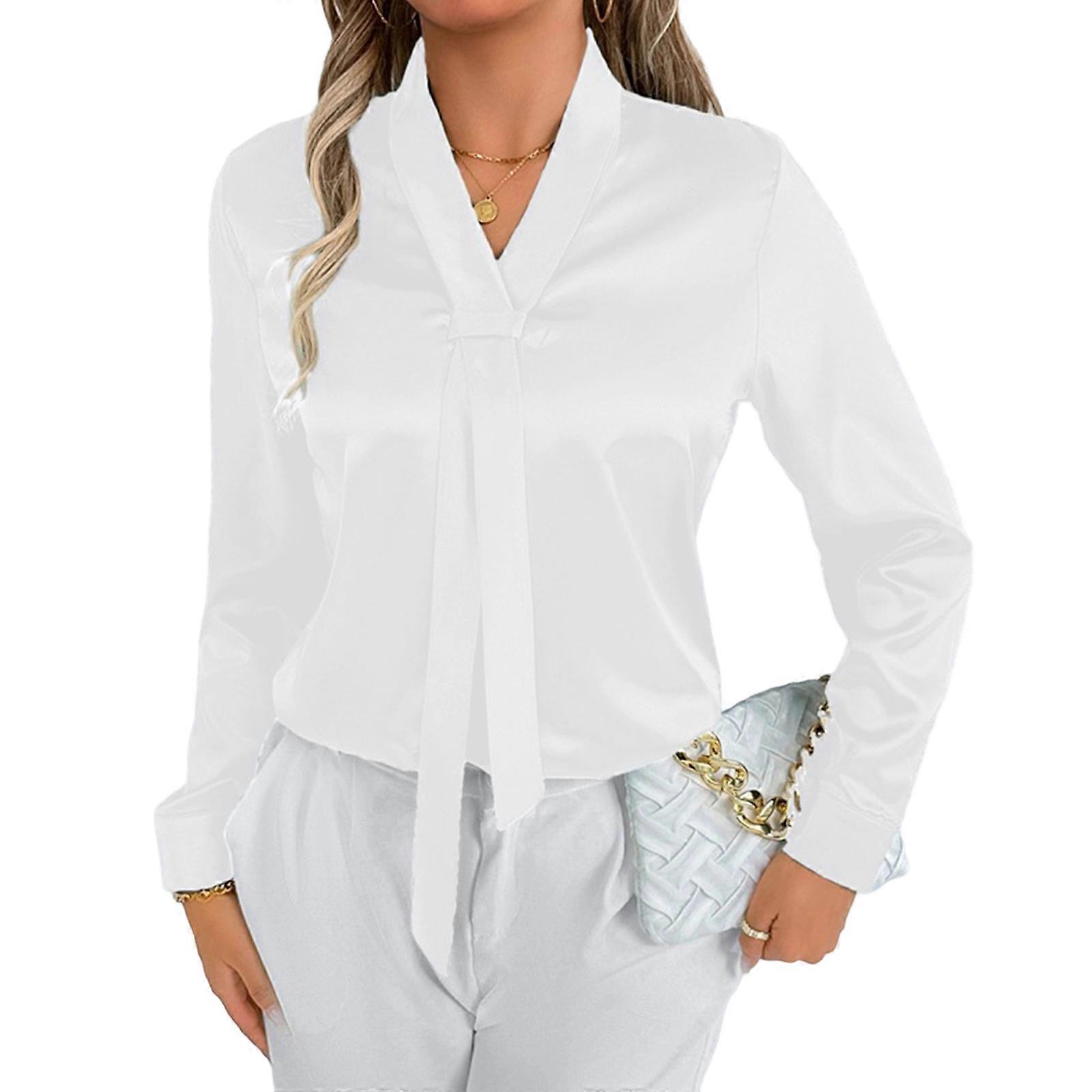 Women's silk long-sleeved casual top with bow tie and buttons  White XL