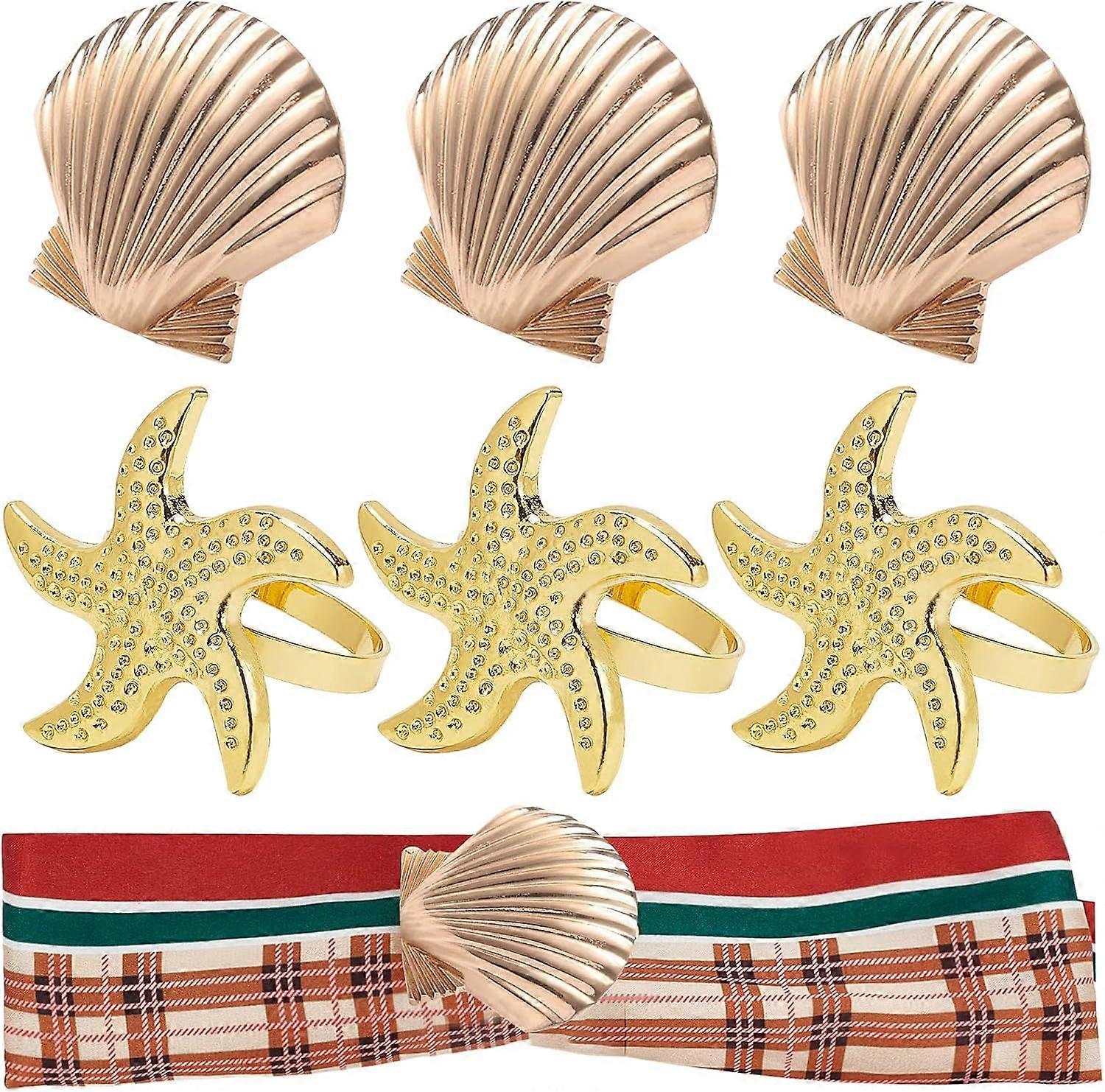 6Pcs 2Styles Alloy Napkin Rings Coastal Theme Shell Starfish Serviette Buckles for Kitchen Countertop Dining Table Picnic Indoor Outdoor Use Sea Shell