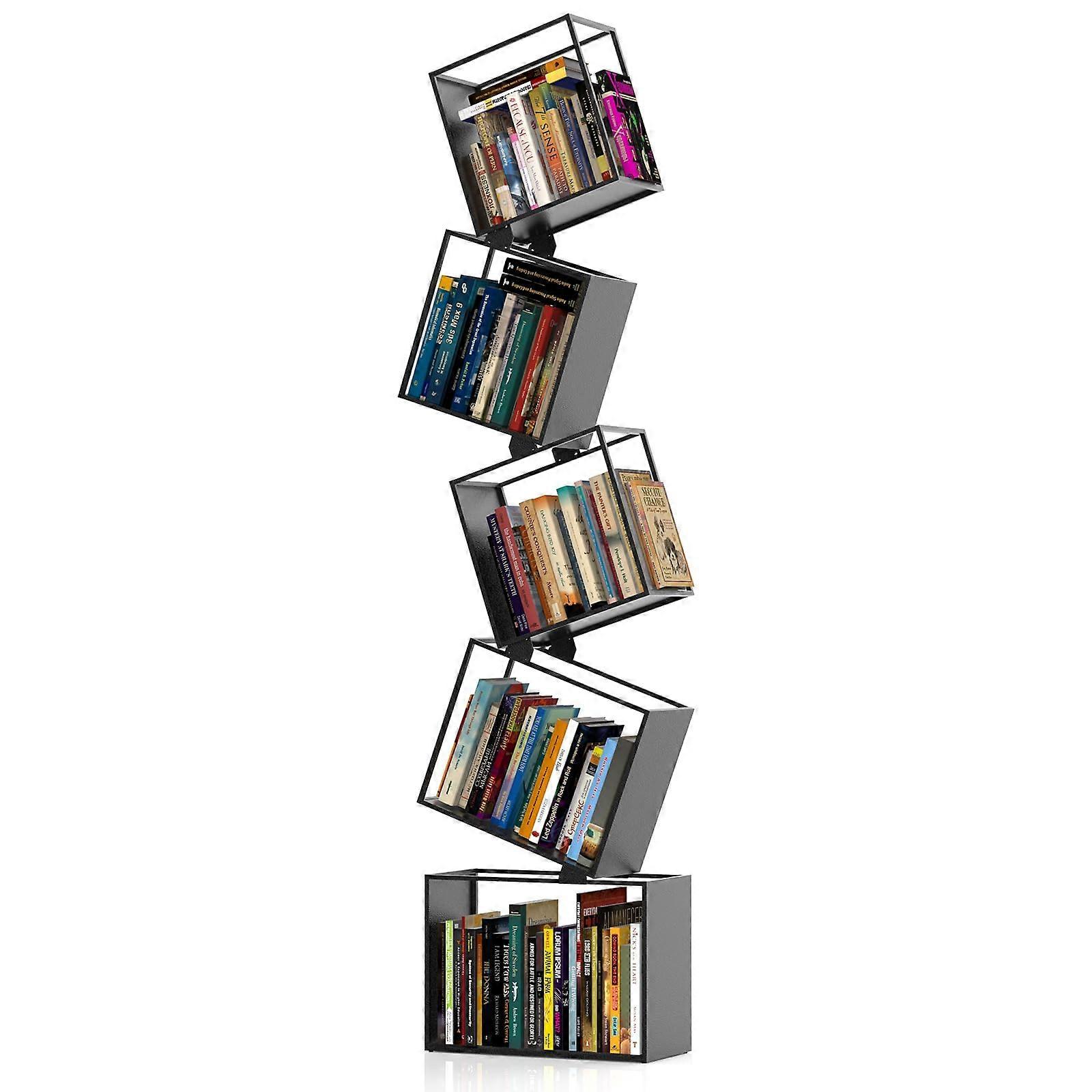 Tall Metal Bookshelf with Modern Geometric Design, 5Tier Black Narrow Bookcase for Small Spaces