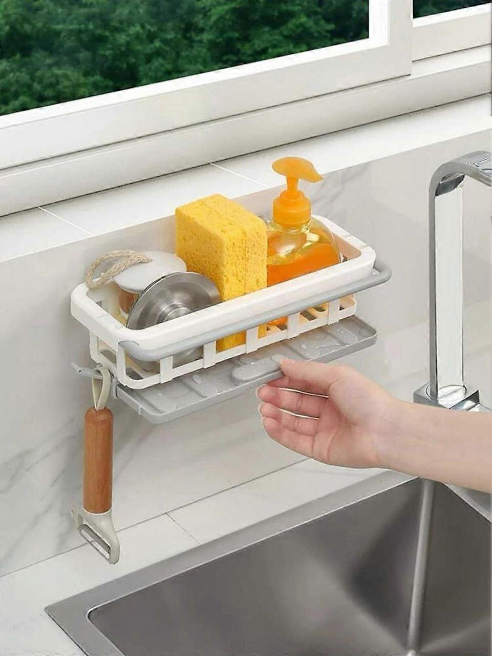 Sink Caddy Adjustable Over Sink Storage Rack Retractable Basket with Drainage for Kitchen Bathroom