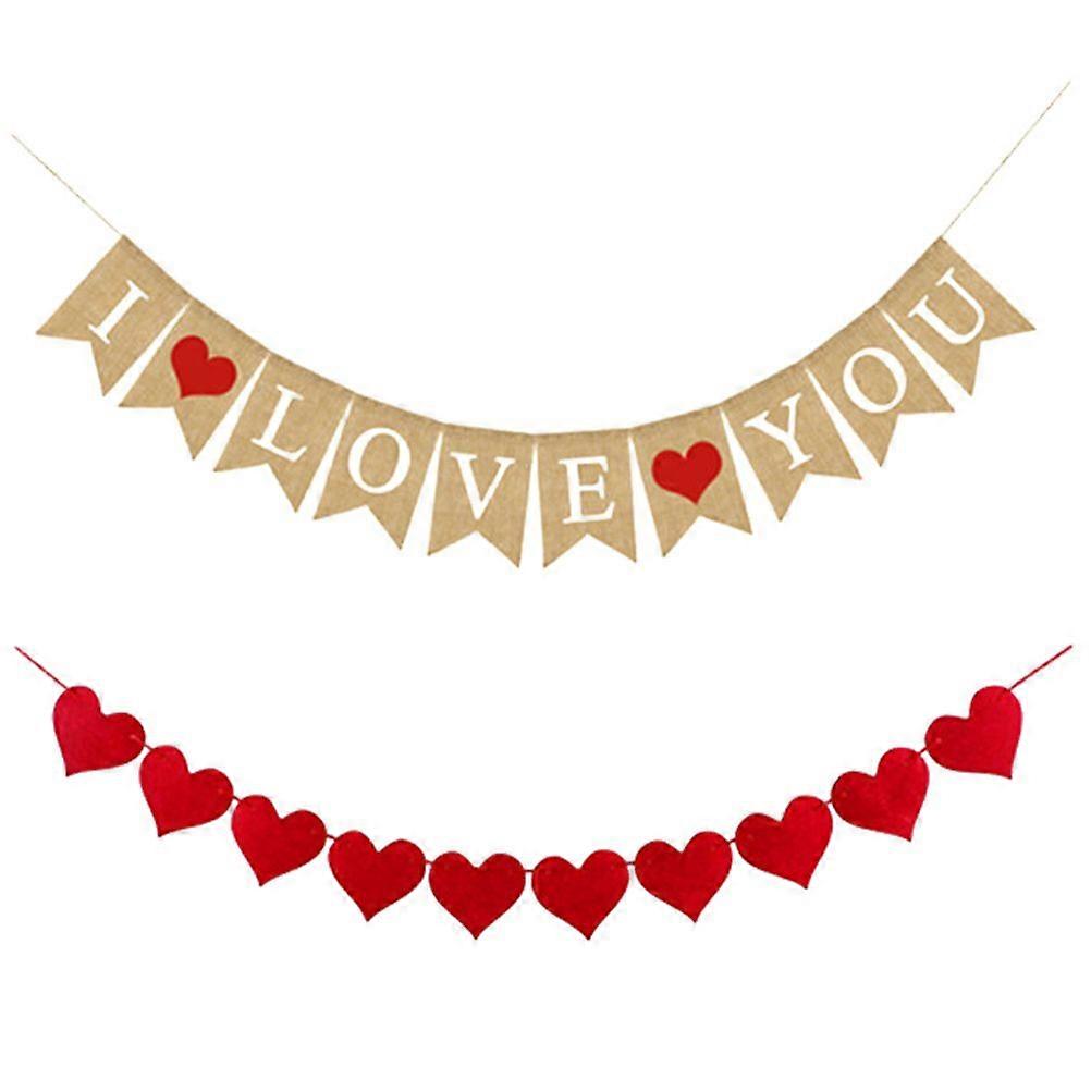 2 Pcs Heart-shaped Hanging Garlands Linen String Flags Pendants (Red Brown)