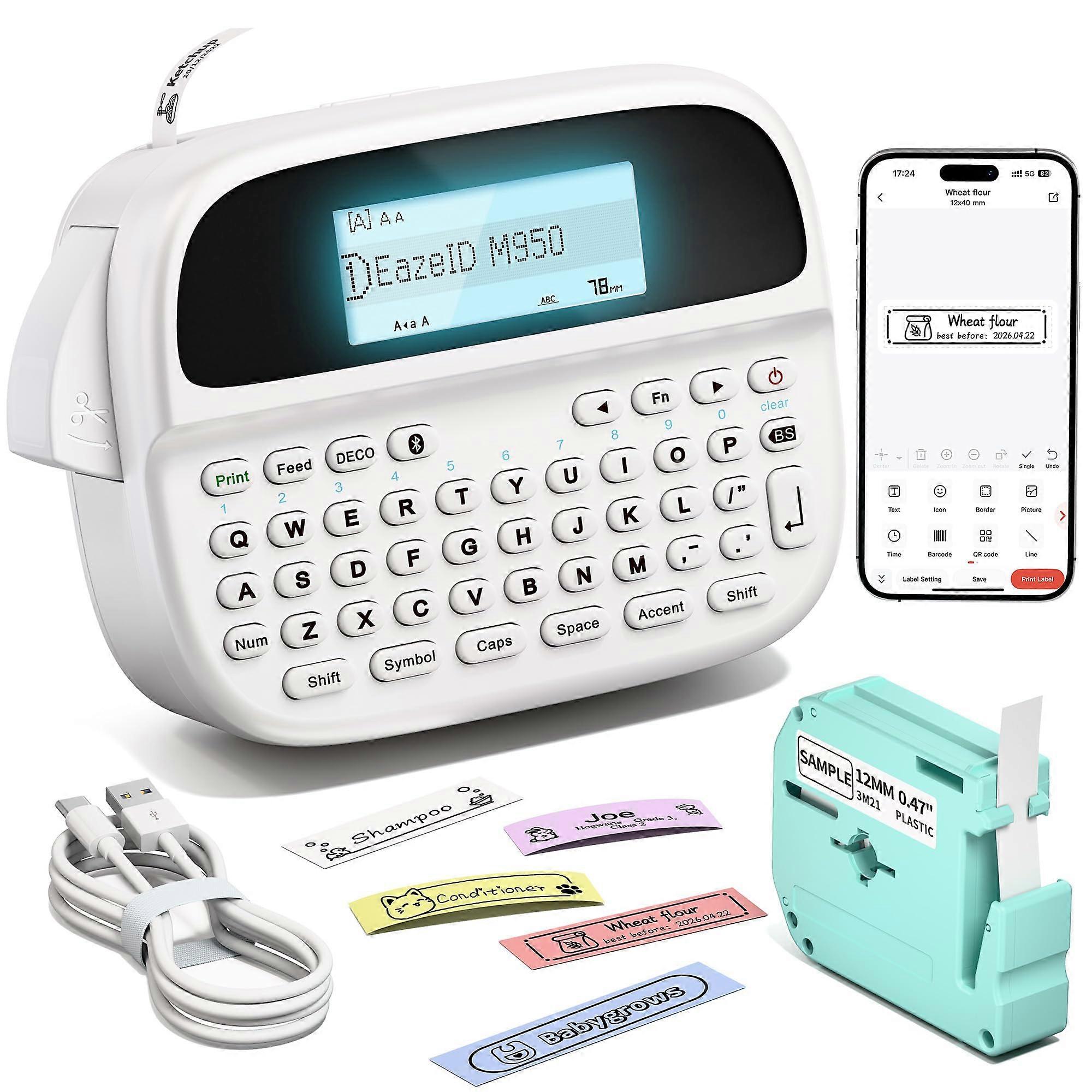 Bluetooth Label Maker with QWERTY Keyboard, Waterproof Labels, Rechargeable for Home Office School