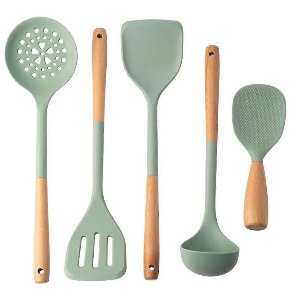 Green Heat Resistant Silicone Kitchen Utensils Set NonStick Long Handle Dishwasher Safe