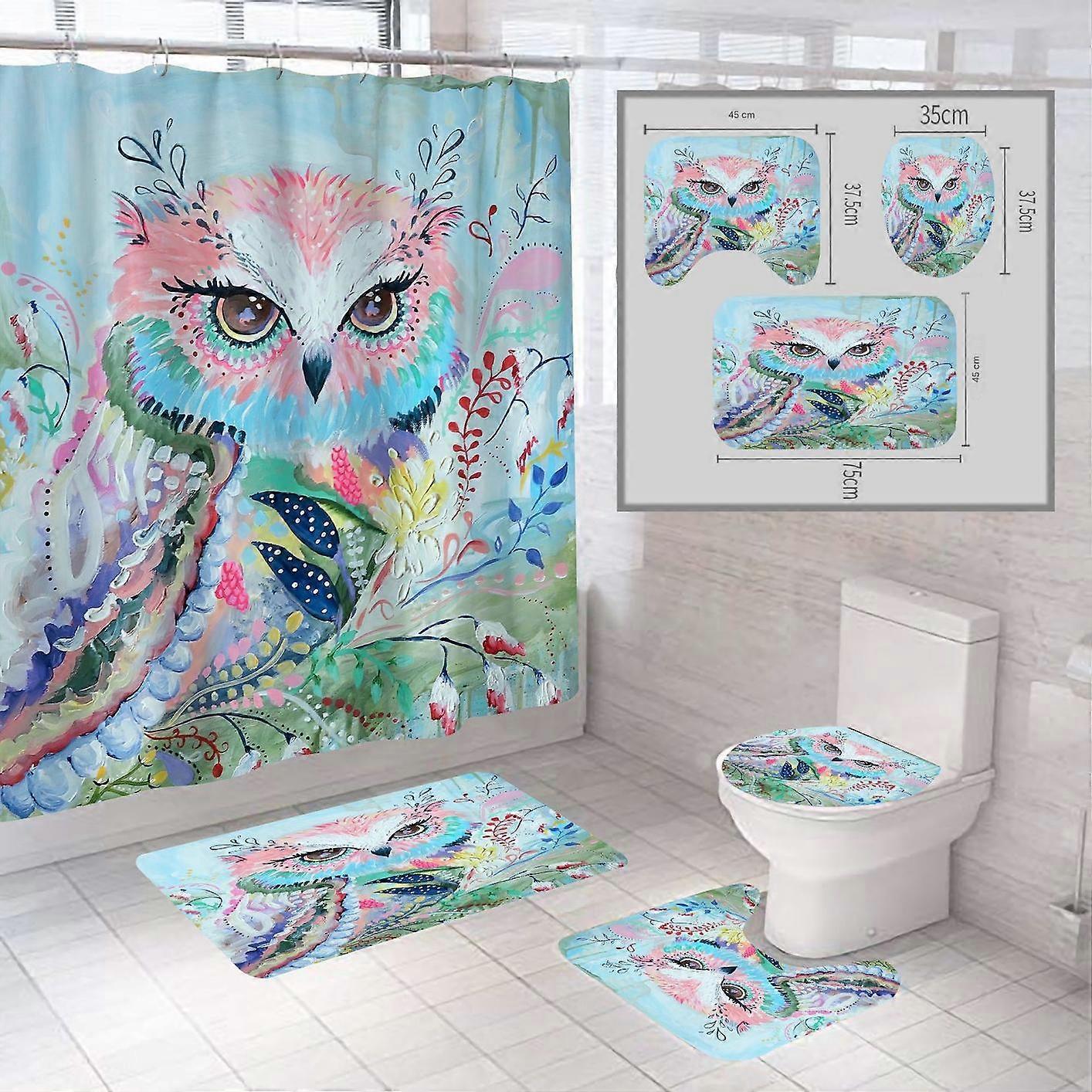Owl Digital Print Polyester Waterproof Bathroom Curtain Set