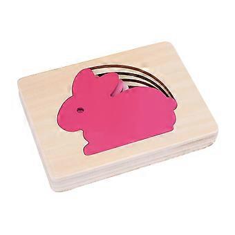 Wooden Multi-layered Animal Puzzles Cartoon 3D Panel Jigsaw Early Educational Toys for Kids Children (Pink Gradient Rabbit)
