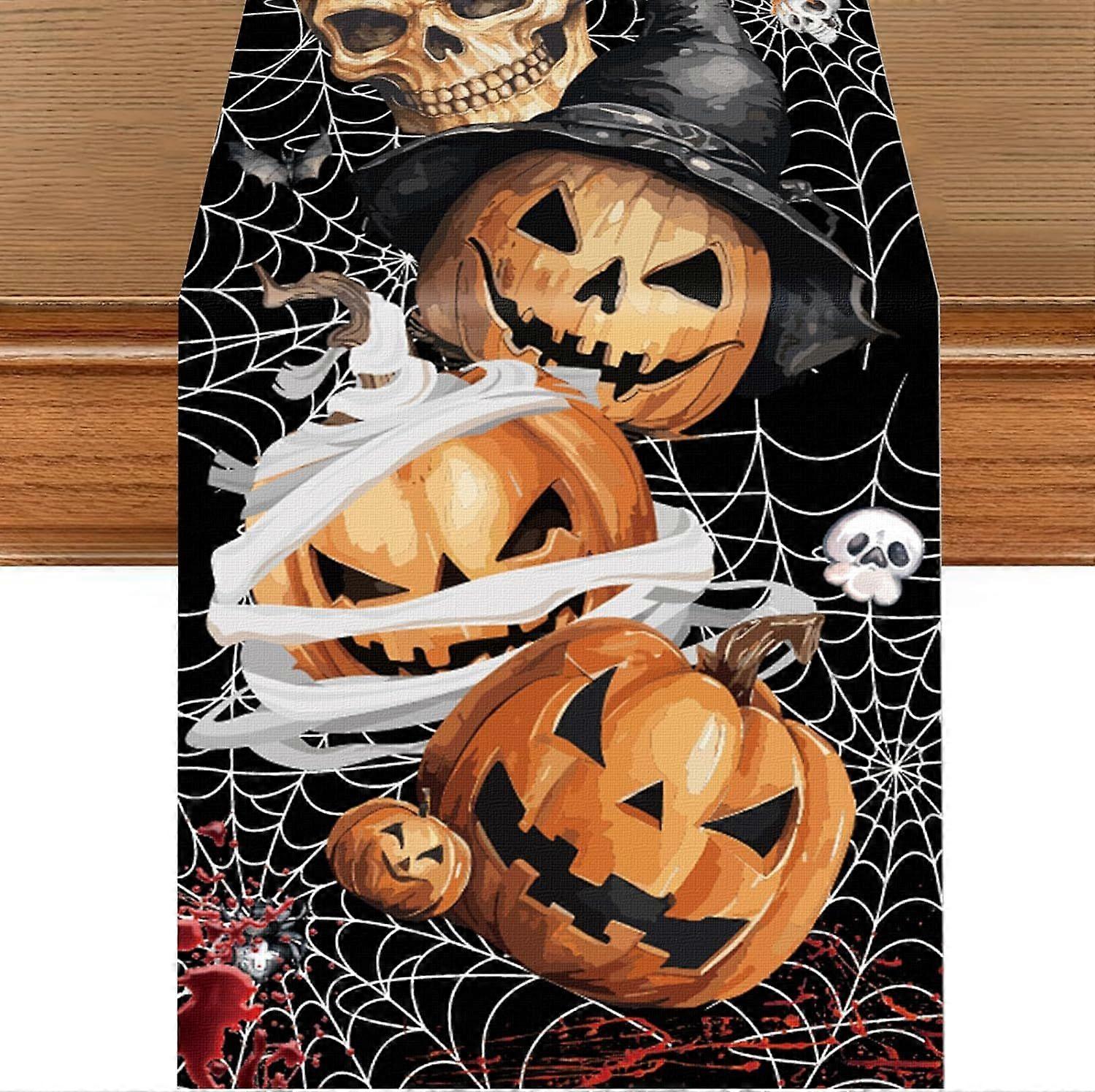Halloween Table Runner, Pumpkin Skull Table Runner Online Washable, Scary Spider Web Design Table Runner, Ghost Rectangular Table Decoration Halloween