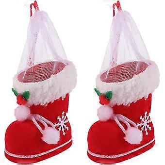 2PCS Christmas Candy Boots with Pom Pom Holiday Cnady Gift Bag Christmas Tree Ornament Christmas Stocking Mini Santa Boots for Fireplace