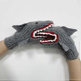 Women Girls Winter Gloves Cartoon Shark Shape Warm Thick Mittens Windproof Gloves Cycling Supplies compatible with Cold Weather Gray