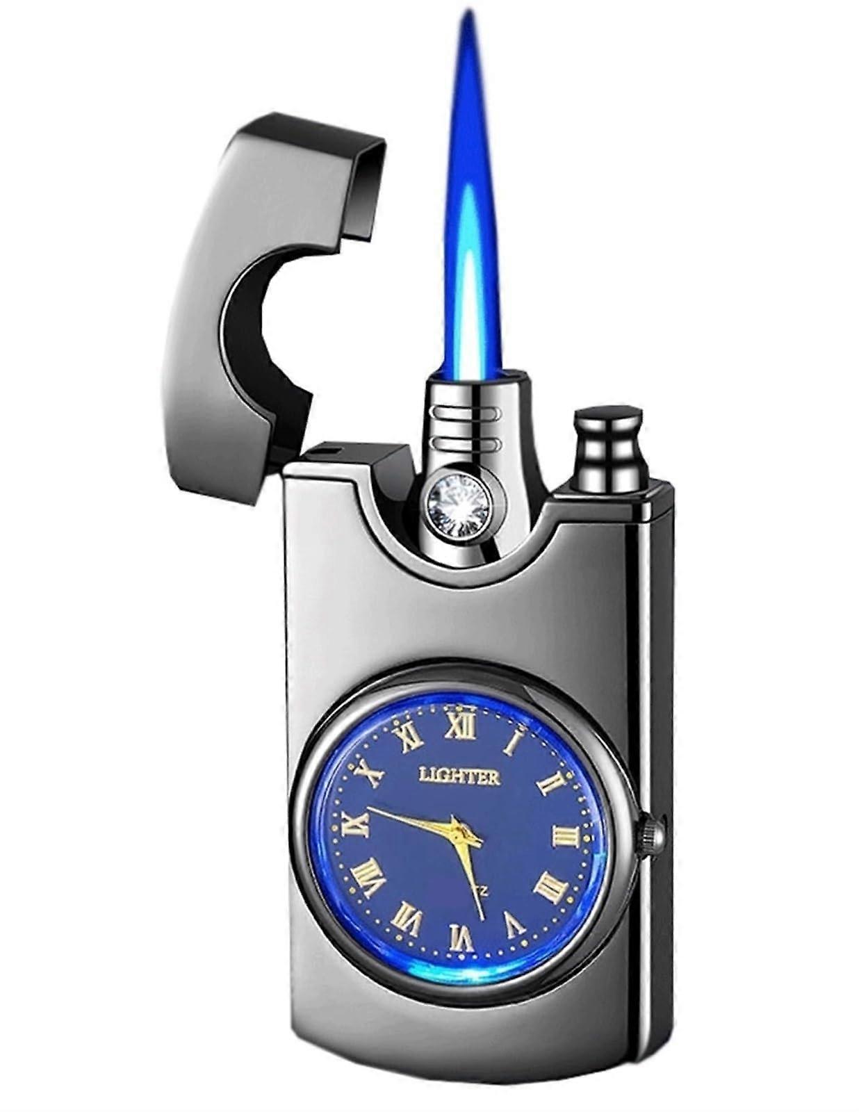 Windproof Refillable Butane Torch Lighter Black with Adjustable Flame for Kitchen BBQ Camping