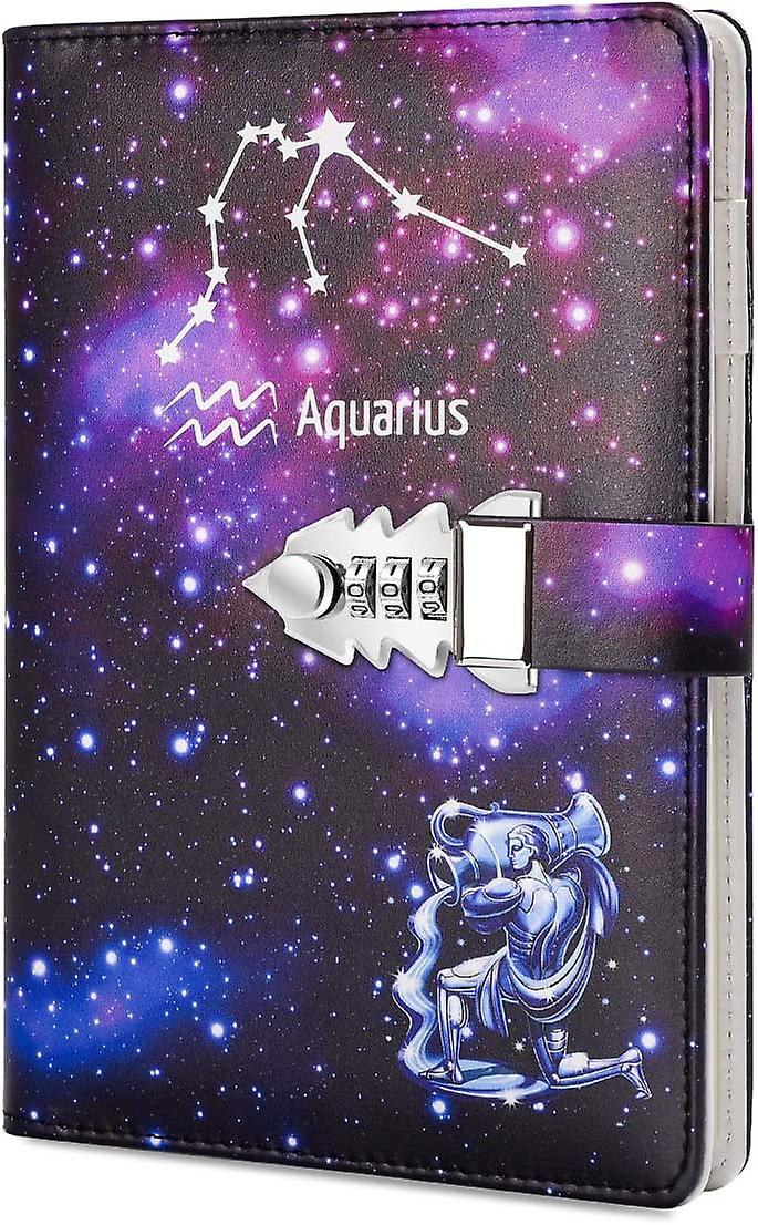 A5 Creative Password Lock Journal Pu Leather Combination Lock Diary Locking Diary Notepad (aquarius)