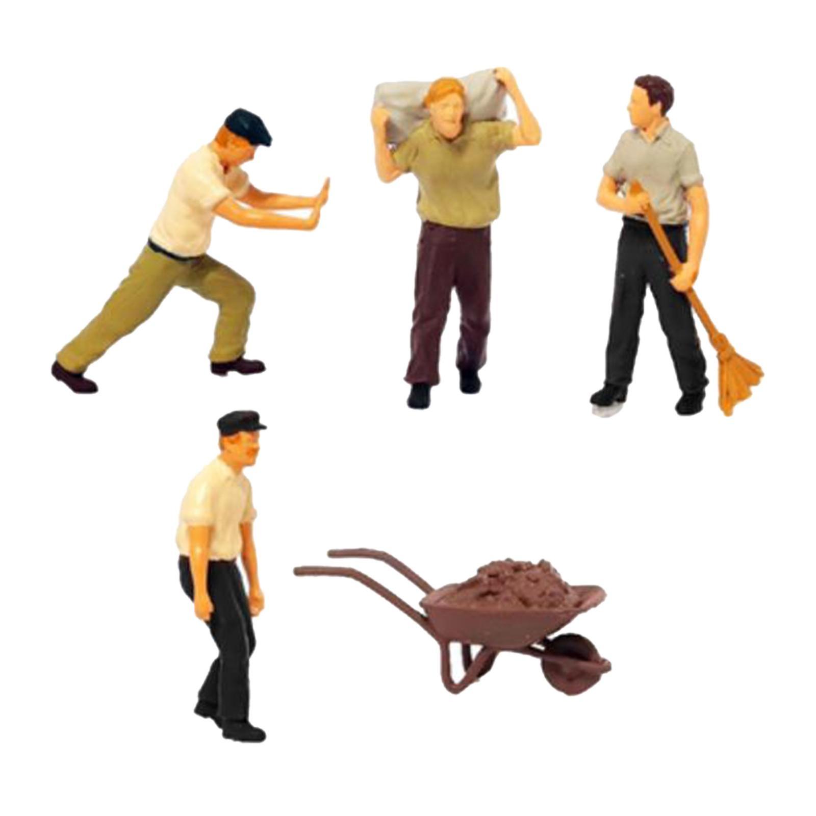 4Pcs Hand Painted Worker People Figures W/ Wheelbarrow Layout Building 64th