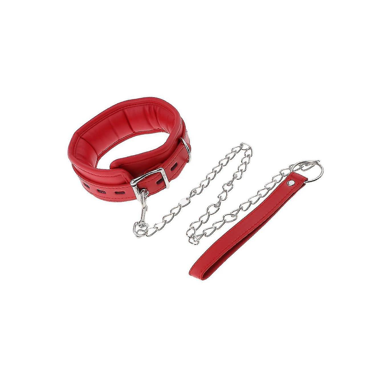 Adjustable Pad Leather Collar Choker With Chain Detachable Leash Red