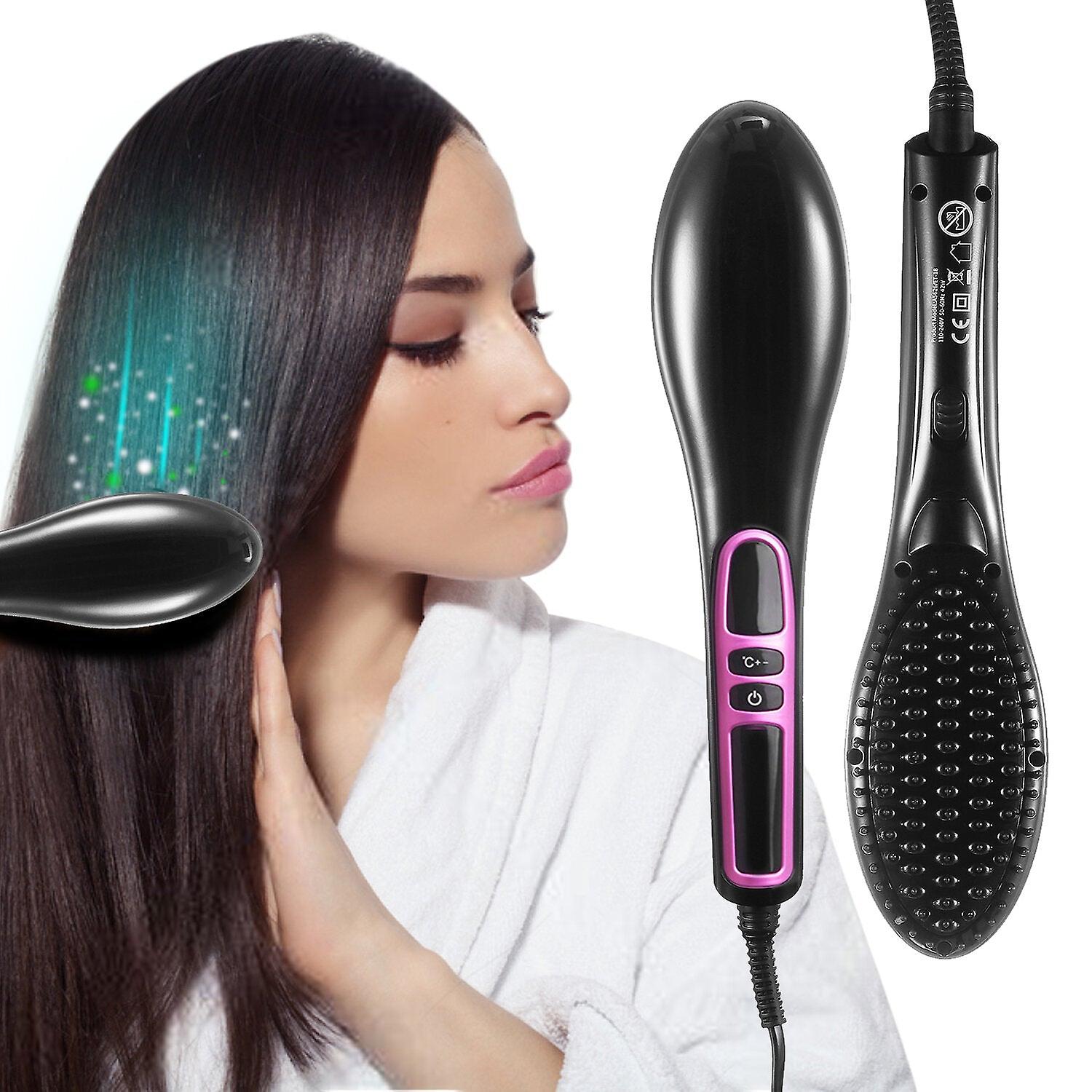 Anti-scald Ionic Hair Straightener Brush - Ceramic Heating, Adjustable Temperature, Auto-off