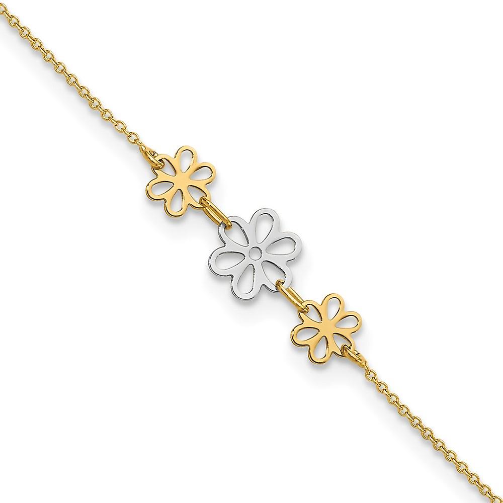 14k Two tone Gold Polished Three Flower Plus 1in Ext Anklet 9 Inch 0.75mm Wide-Anklet for Women