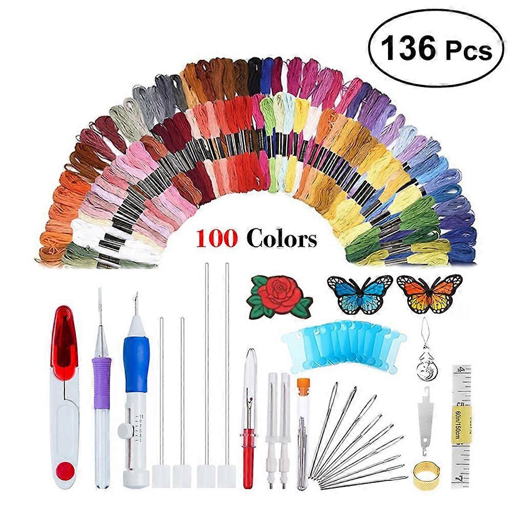 136 Pcs Piercing Kit Fils À Tricoter Fil À Broder Ensemble Aiguilles À Broder Fil À Coudre