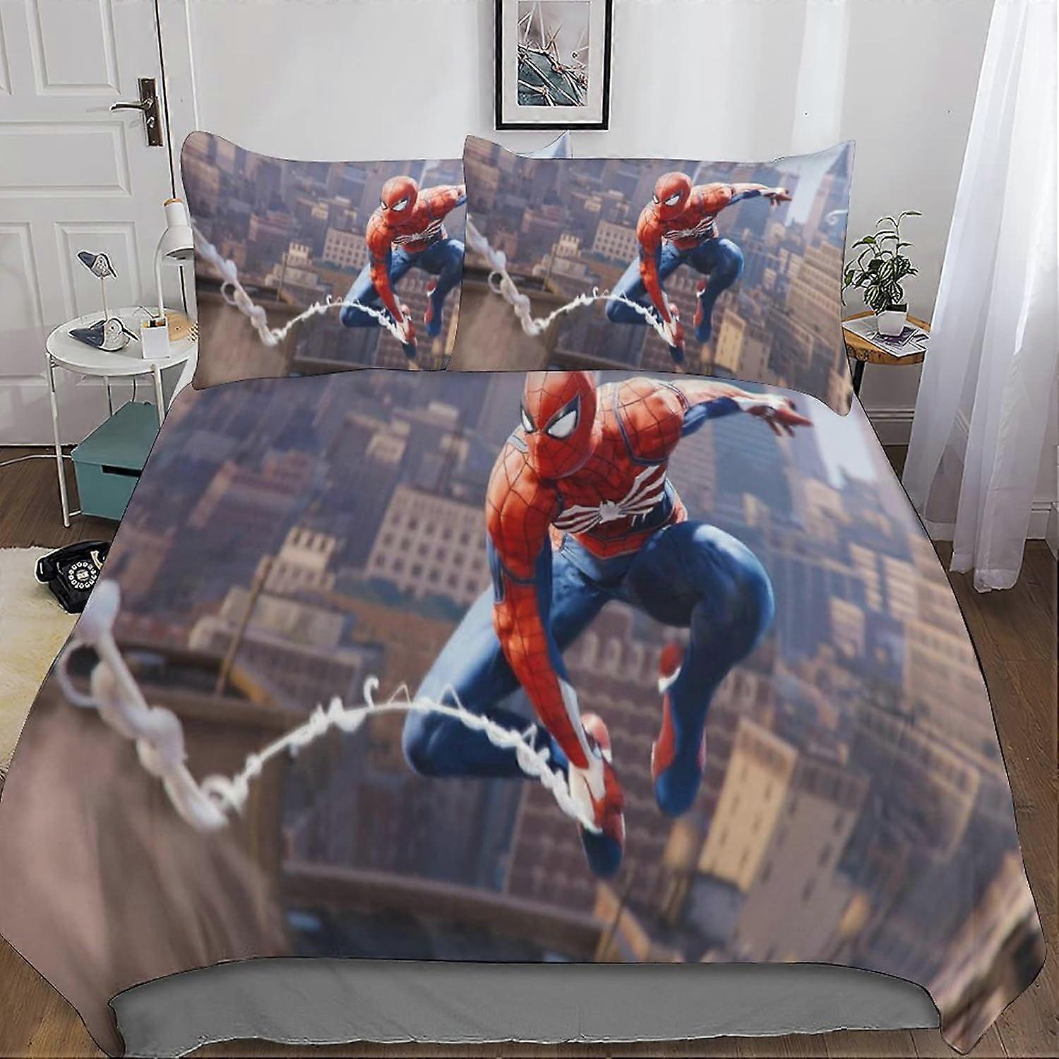 스파이더맨 3D 프린팅 마이크로파이버 침구 세트 (영화 속 캐릭터가 그려진 이불 커버, 지퍼 여밈, 베개 커버 포함) - 어린이, 청소년 및 남아용 침구
