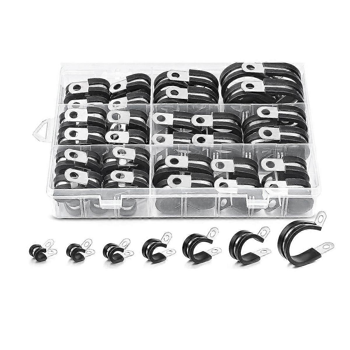 60Pcs Cable Clamps Assortment Kit, 304 Stainless Steel Rubber Cushion Pipe Clamps R-Type Hose Clamp 7 Sizes