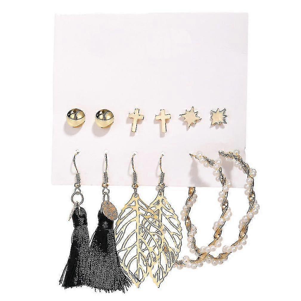hmwy-6 pairs ear studs set hollow leaves artificial pearl tassel earrings for wedding