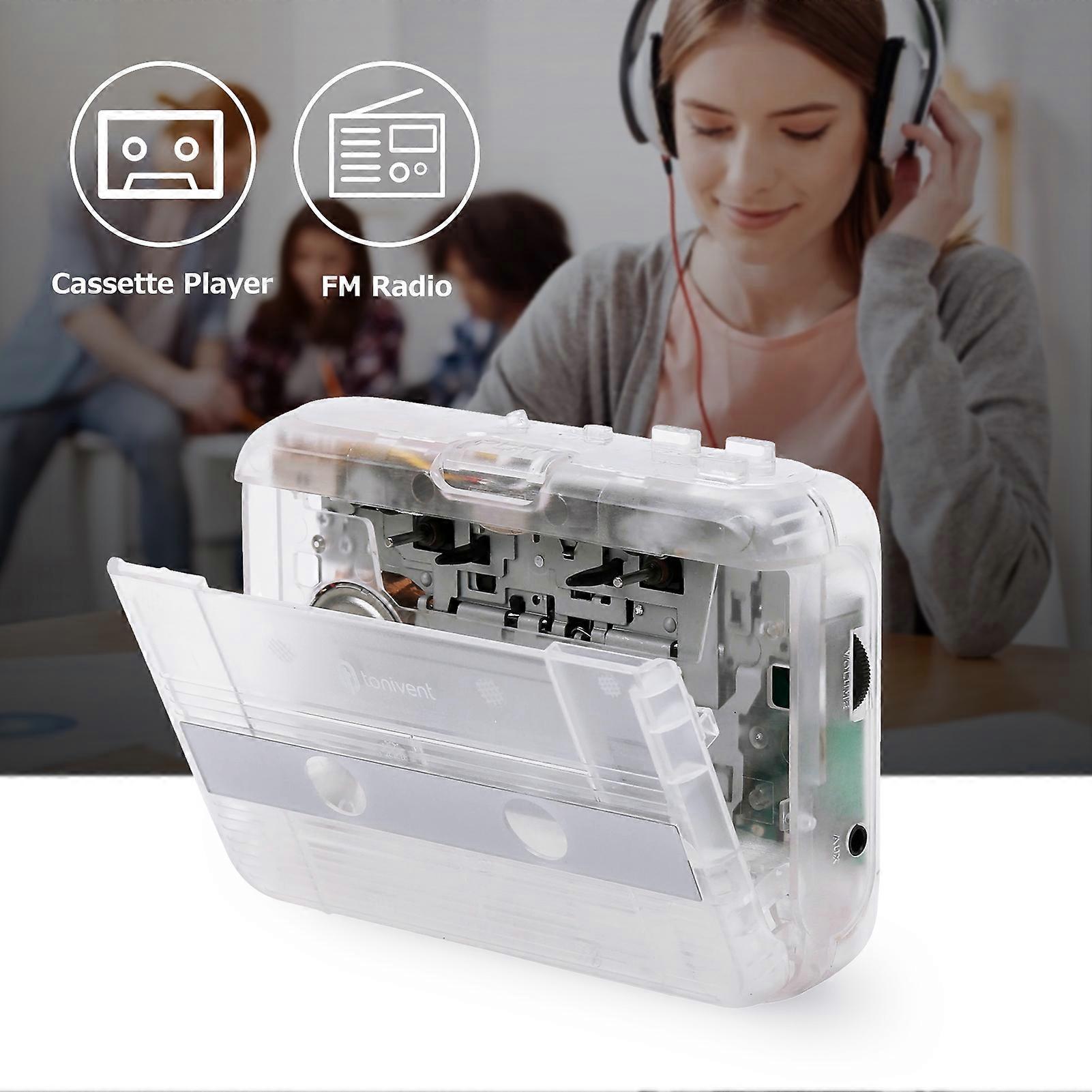 TONIVENT Portable BT Cassette Player Stereo Auto Reverse Mini Transparent Tape Player & FM Radio with 3.5mm AUX Input Adjustable Volume for Home Schoo