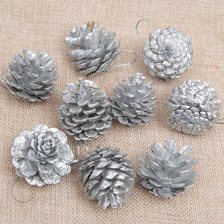 9X Christmas Silver Pine Cones Baubles Xmas Tree Decorations Ornament Decor