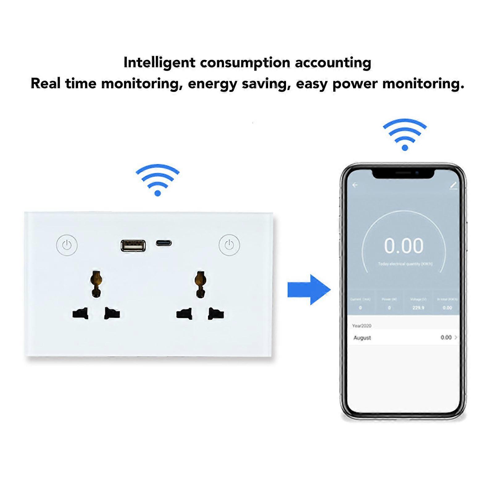 Smart Wall Outlet 2.4G WiFi Touch Light Switch Voice Control Smart Plug with USB and TYPE C Charger Port For Google Home 95