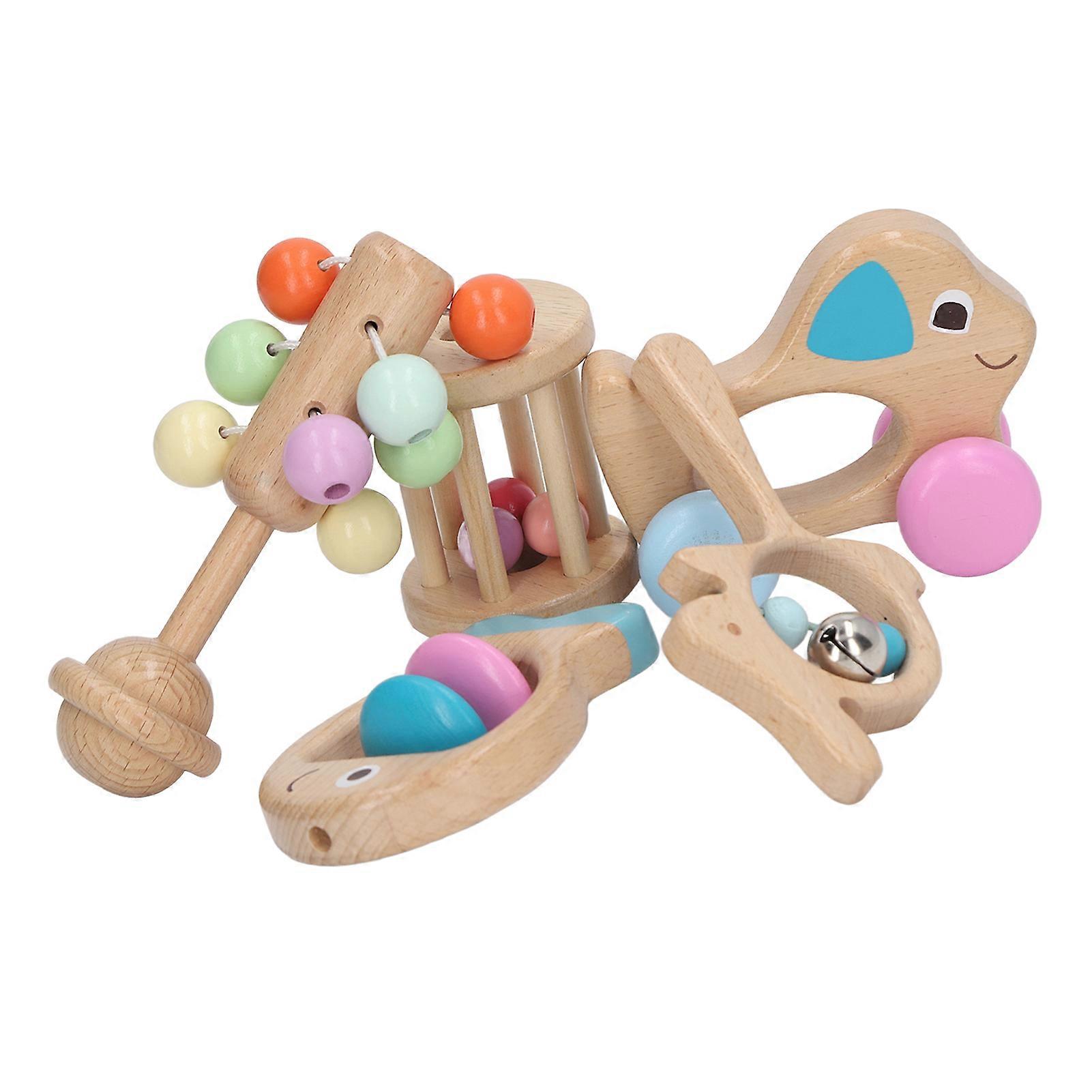 5pcs Baby Wooden Rattle Toy Set Newborn Infant Funny Cute Smooth Fish Dog Car Shaped Rattle Toy