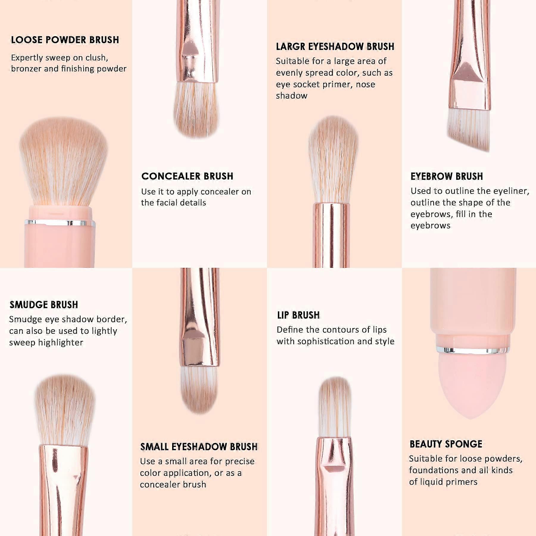 8Pcs Travel Makeup Brush Set Mini Complete Function Retractable