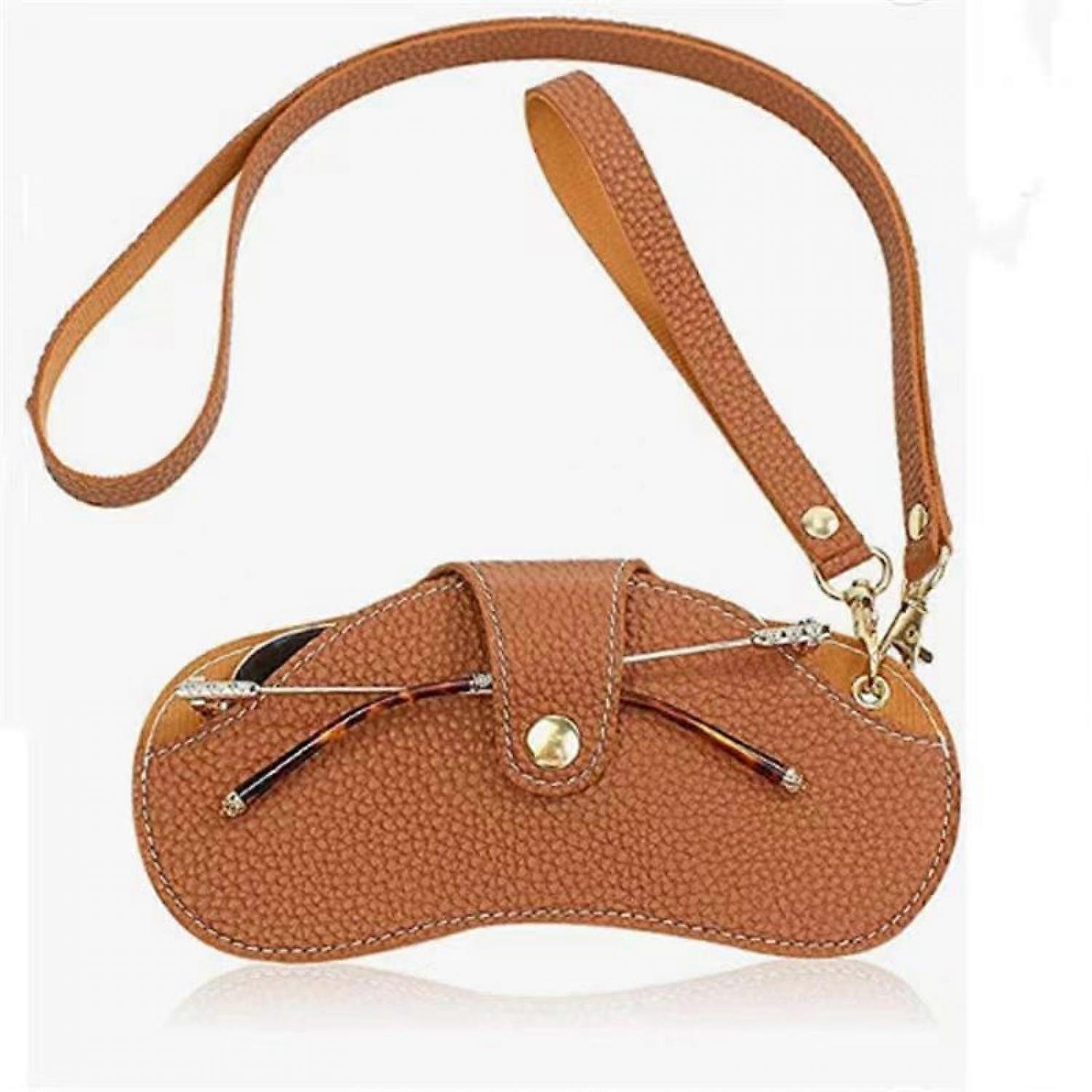 Brown, stylish, soft glasses case with hand and neck strap