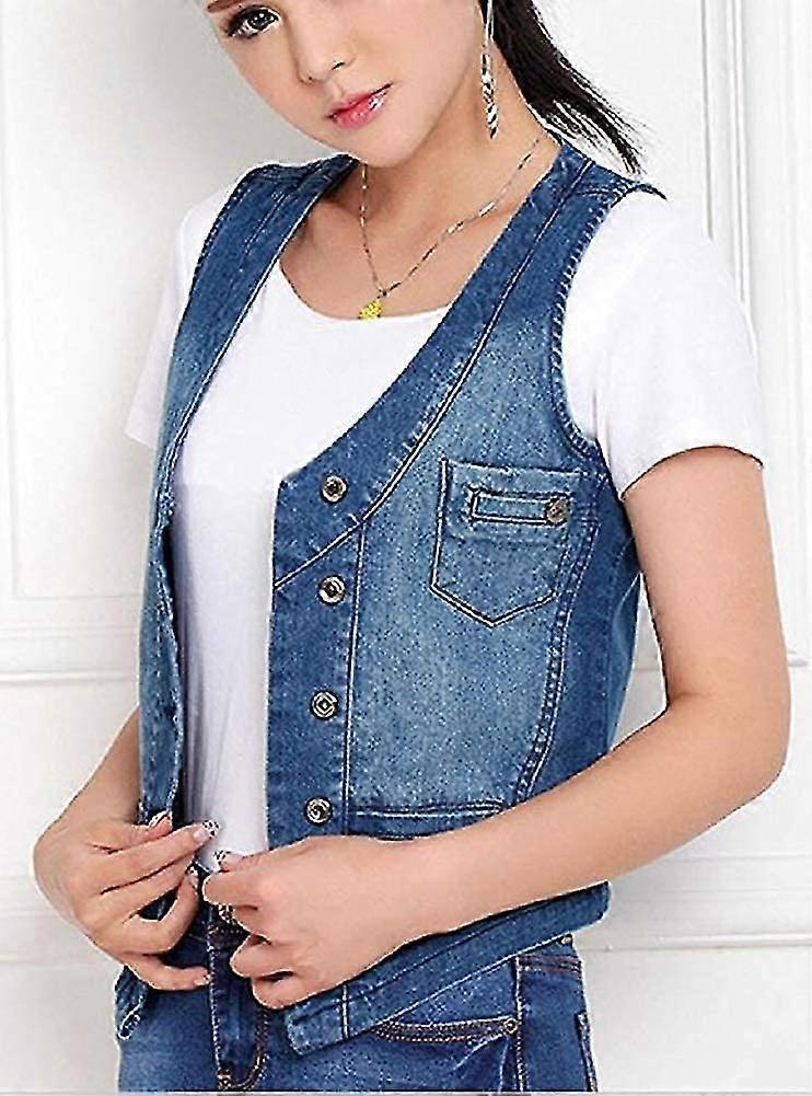 Denim V Neck Buttoned Sleeveless Vest