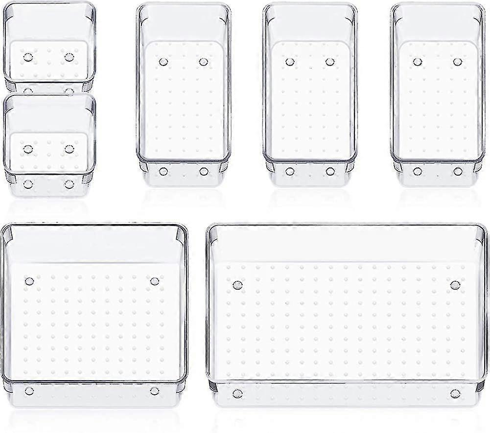 Set Of 7 Desk Drawer Organiser Trays With  Non-slip Silicone Pads, 4-size Clear Gift