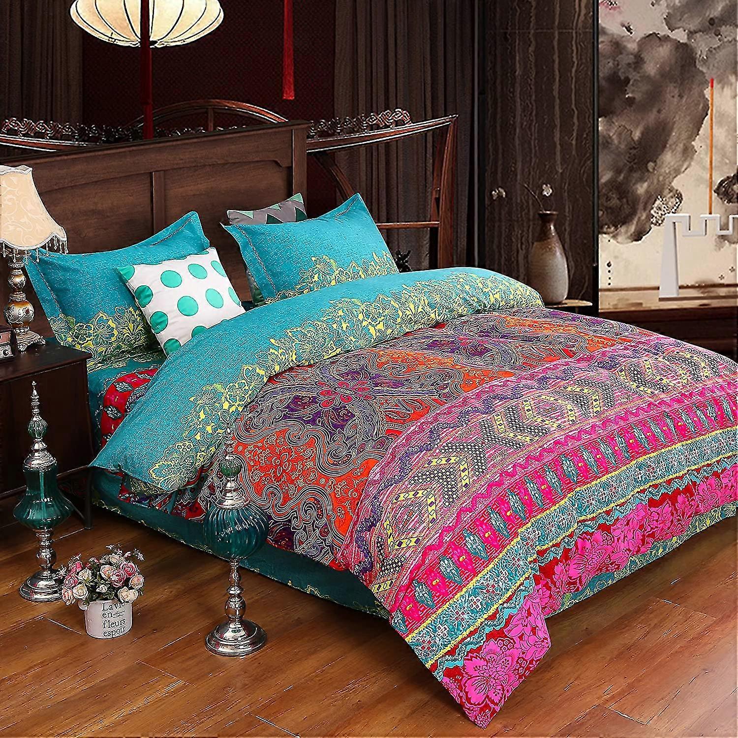 طقم من 4 قطع بوهو / طقم مفروشات على الطراز الهندي 220x240 سم مع 2 غطاء وسادة 48x75 سم و 1 ملاءة سرير 250x270 سم ، 100٪ بياضات سرير قطن ، بوهيمي بالغ دو