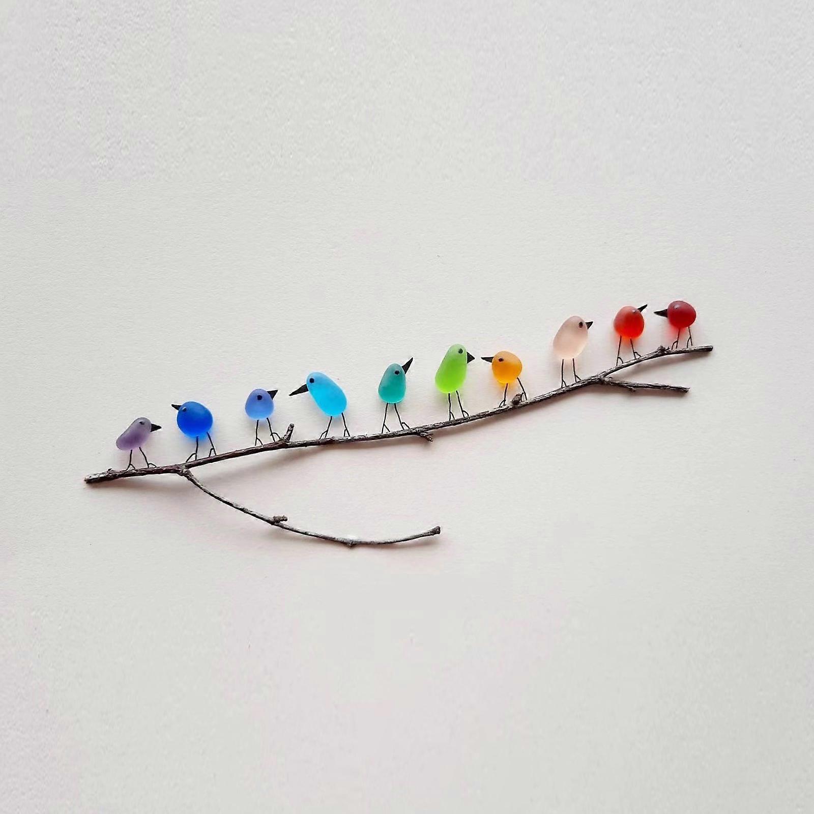 Sea Glass &Driftwood Picture, Unframed Unique Handmade, Rainbow Bird Wall Decor,Suitable for Bedroom and Living Room